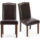 Dining Chair Set Of 2 Nailhead Trim Fabric Leather Finish W upholstered   wood Leg