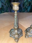 Antique Cast Iron Candlestick Set Art Nouveau Flowers Footed Bronze Gilt Patina
