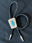 Navajo Din   Vintage Sterling Silver Kingman Turquoise Bolo Tie Signed