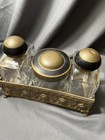 Perfume powder Vanity Dresser Antique Boudoir Glass brass 4 Pc Set 1930   s Or So