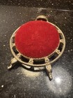 Decorative Antique Red Velvet Pin Cushion Set In An Ornate Gold-tone Signed Spc