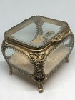 Antique Ornate Ormolu Beveled Five Sided Glass Jewelry Trinket Box