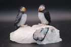 Peter Muller Hand Carved Obsidian   Quartz Puffin Pair On Tourmaline 3 1 4  Tall