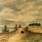 19th Century Antique Harbor Scene Oil Painting  sailing Boats  Artwork