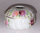 Vintage Porcelain Hand Painted Floral Hair Receiver W lid