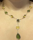 Vintage Silver Plated Y-drop Pendant Necklace Green Yellow Teardrop Glass Chain