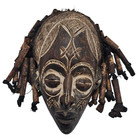 African Chokwe Chikunga Mask Congo Carved Wood Tribal Bamboo Hair 13  Wall Art