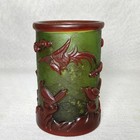 5  Chinese Antique Old Beijing Glaze Carved Exquisite Flower Bird Brush Pot