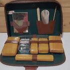 Vintage Mens Grooming Vanity Travel Set Dopp Kit Art Deco Cowhide Case Woodgrain