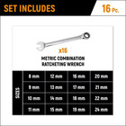 Metric 72-tooth Combination Ratcheting Wrench Tool Set  16-piece 