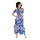 Vintage 30s Blue Floral House Dress Maxi Lounger Puff Sleeve Zip Front Xs