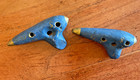 Set Of 2 Vintage Antique Clay Ocarina Flute Blue And Gold Dated