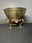 Antique Heavy Chinese Brass Bowl Phoenix And Dragon 9 5    X 5    Deep With Stand