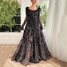 Round Neck Long Sleeved Front Slit Ball Dress With Floral Lace Prom Evening Gown