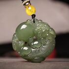 Chinese Antique Natural Green Jade Carved Pixiu Necklace Pendant