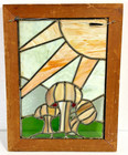 Vintage 70 s Stained Glass Window Suncatcher W  Mushrooms   Sun 13  X 17 