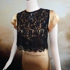 Vintage 1950s 1960s Full Black Lace Scalloped Blouse Button Up Sleeveless Top