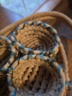 Wicker Oval Basket Set W  Handles  7pc Beige Blue Trim Free Standing 15x8