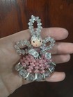 Vtg Mid-century Craft Pink Christmas Birthday Beaded Safety Pin Angel Ornament