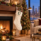U Initial Personalized Embroidered Knit Christmas Stocking Green 18 Inch Family