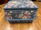 Vintage Blue Floral Fabric Sewing Craft Basket Box Wicker Handle   Contents