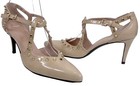 New Stuart Weitzman Meteor Studded T Strap Pumps Heels Beige Patent Sz 7 N