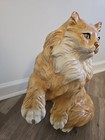 Ceramic Cat Vintage Large 16  L 11  W Tan - Brown Cat Sitting Statue Green Eyes