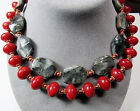 Chunky   Solid Copper Toggle Clasp Necklace 2 Strand Beaded Red Gray Grey Stone