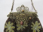 Vtg Antique Victorian Micro Beaded Floral Handbag Purse Brass Filigree Frame