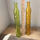 Vintage Set Bohemia Czech Green   Yellow Art Glass Ribbed Bottles 12   