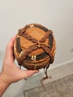 E  African Ethiopian Somalia Leather Fringe Wrapped Woven Basket Jar Container
