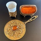 Antique Vanity Set Trinkets Case Hand Mirror Brush Cup 4 Pc Amber Glass