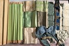 Large Lot Antique French Ribbons - Vintage Silk Moire Rayon Cotton - Blue Green