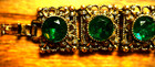 Vintage Ornate Green Art Glass Panel Bracelet Antiqued Gold Tone Gothic