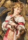 Girl W  Dog   Holding A Bunny Victorian Die Cut Large Scrap - L10