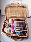 Vintage Woven Wicker Sewing Basket Loaded With Notions And Supplies 15  X 12 