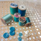 Vintage Sewing Notions Lot Wooden Thread Spools Blue Teal Buttons Craft