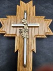 Red Oak Cross 7  Wood Crucifix Boy Praying Cup Flowers Tiffany Mn Usa Vtg