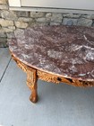 Vintage Chinese Rosewood Hand Carved Pink Marble Top Oval Coffee Table