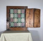 5 Available  Antique Oak Door With Leaded Stained Glass Panel   Hinged Shutter