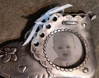 Baby Shoe Picture Frame Pewter With Blue Ribbon Small Photo 4  X 3  Boy Gift 
