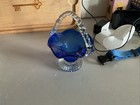 Vtg Cobalt Blue Hand Blown Heavy 7    Basket Trinket Vase Decor Clear Handle Euc