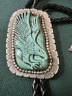 Stunning Vtg Signed Native American Carved Turquoise Eagle Bolo With Eagle Tips
