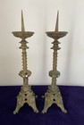 Pair Of  Antique French Gothic Style Gilt Bronze Pricket Sticks With Cabochons