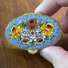 Vtg Italian Micro Mosaic Floral Pill Box Gold Tone Engraved Oval Trinket Case