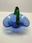 Vintage Cobalt Blue Art Glass Bowl Vase Green Handle 9 long And   8  Tall Nice 