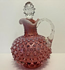 Vintage Fenton Cranberry Opalescent Hobnail Cruet W Handle   Glass Stopper 6 5   