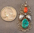 Native American Sterling Silver Coral Turquoise Handmade 1 7 8  Necklace Pendant