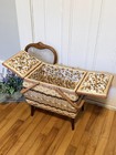Vintage Wicker Sewing Basket On Legs Double Lid Floral Lined Craft Storage