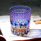 Set Of 2 Pieces Blue Hand Cut To Clear Crystal Wine Beverage Whiskey Glass 9oz